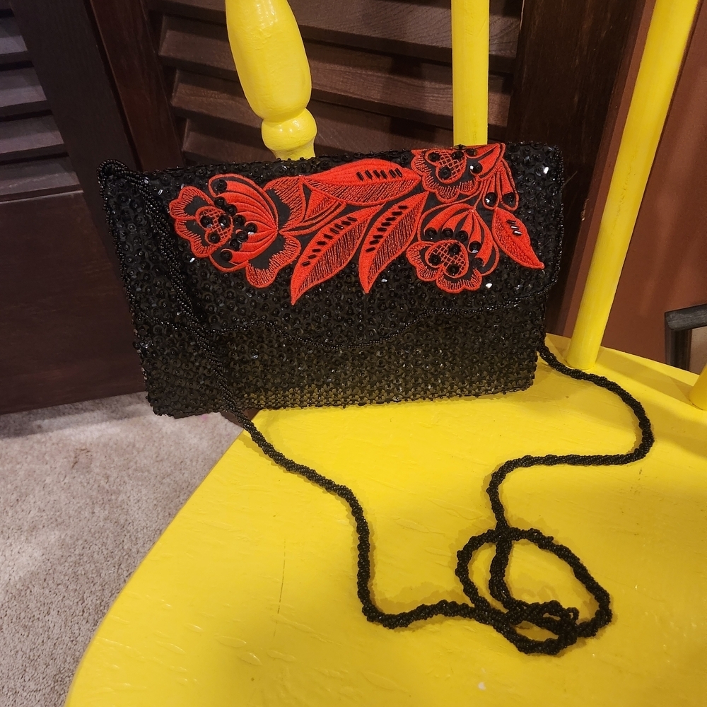 Vintage Black and Red Beaded Clutch